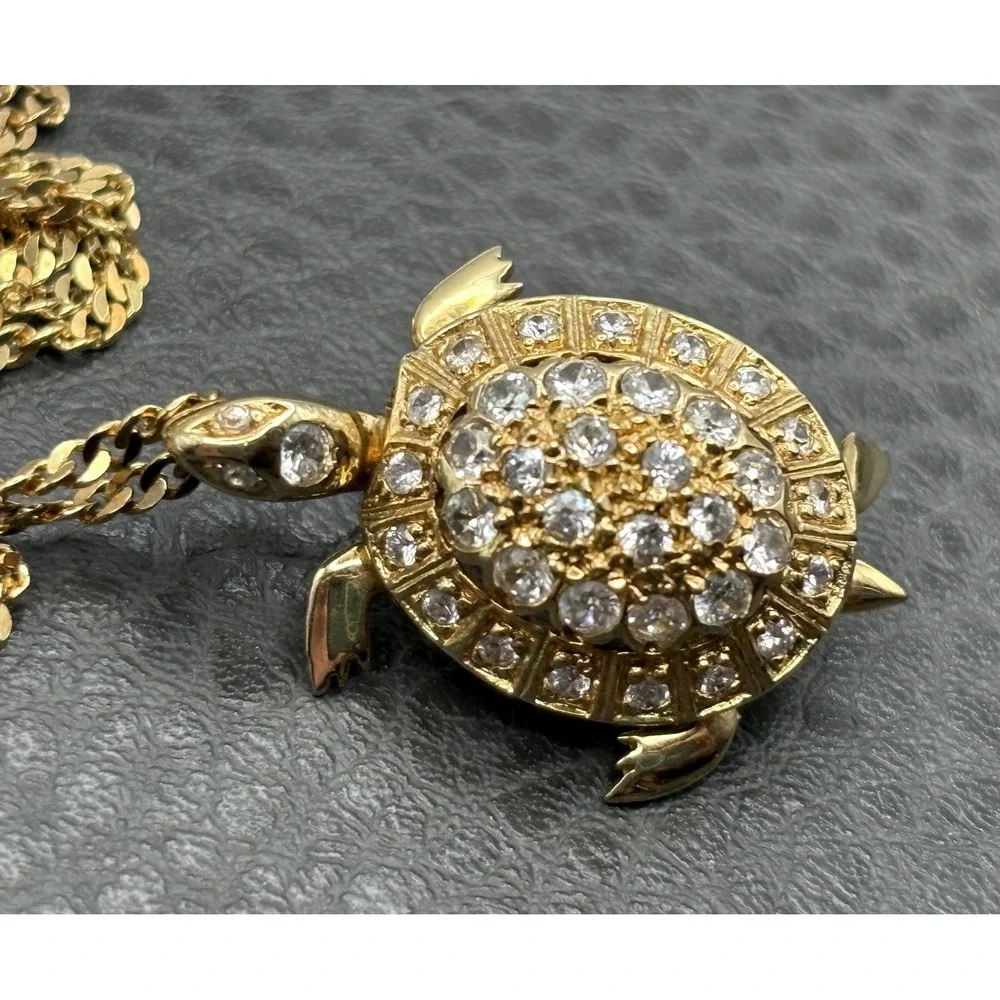 Vermeil Sterling Silver Moving Turtle Rhinestone Pendant Necklace 30